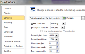 Schedule page in the Options dialog box